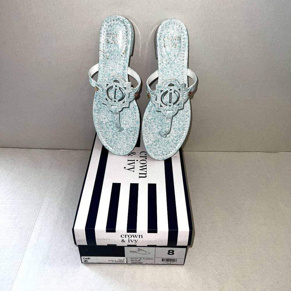 Crown & Ivy Wylie Ditsy Bi Floral Aqua/White Thong Sandals Size 8